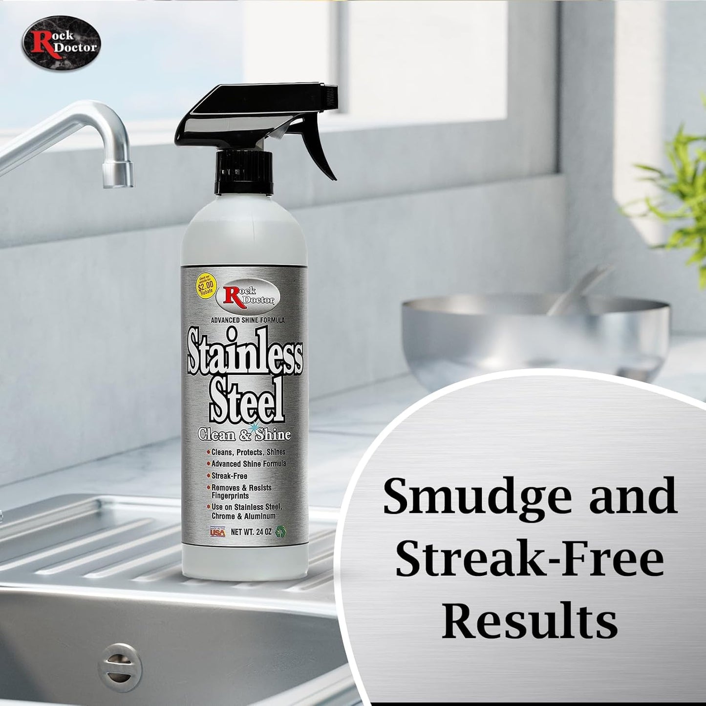 Rock Doctor Stainless Steel Cleaner and Polish, Streak-Free Cleaning Solution for Chrome and Aluminium, Stainless Appliance Cleaner, Stainless Steel Cooktop Cleaner, 24 oz. Spray Bottle, Pack of 1