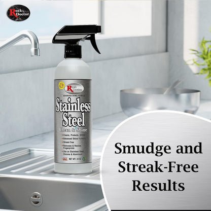 Rock Doctor Stainless Steel Cleaner and Polish, Streak-Free Cleaning Solution for Chrome and Aluminium, Stainless Appliance Cleaner, Stainless Steel Cooktop Cleaner, 24 oz. Spray Bottle, Pack of 1