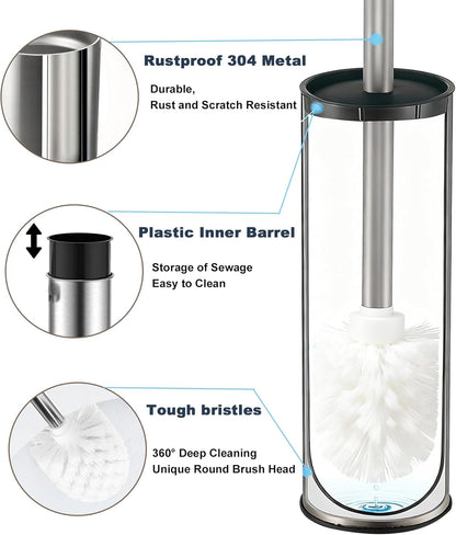 Toilet Brush and Holder Set: 304 Stainless Steel Toilet Bowl Brush for Bathroom Deep Cleaning,Removable Inner Bowl and Splash Protection,Compact and Durable (Silver)