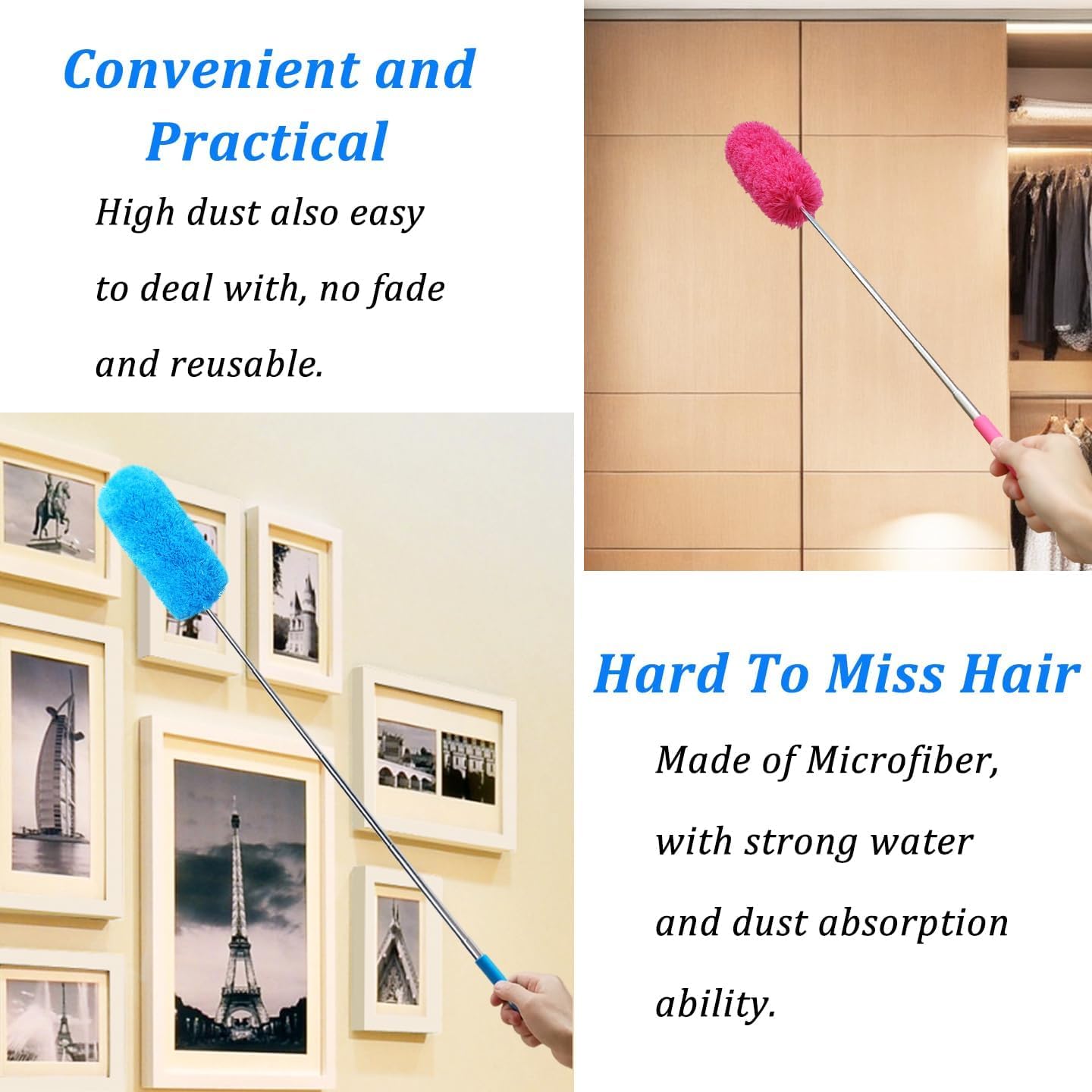 4 Pcs Washable Microfiber Feather Duster, with Extendable Pole and Bendable Head, Microfibre Cleaning Tool for Cleaning Office, Car, Computer, Furniture, Sofa, Blue,green,orange,red