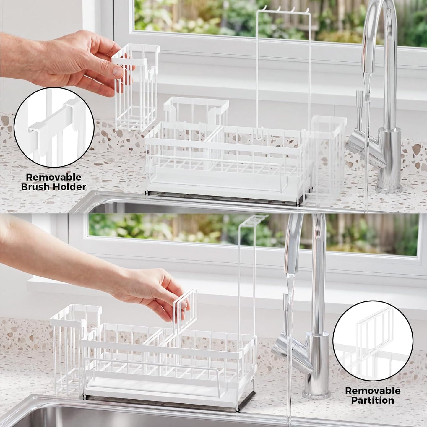 Sponge Holder for Kitchen Sink – Rustproof Stainless Steel with Detachable Drainboard, Brush Rack & Towel Bar | Compact, Non-Slip Design for Countertop Bathroom