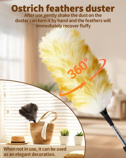 Extendable Ostrich Feather Duster with Bonus Wool Feather Duster Head - Natural Fluffy Non-Slip Handle Feathers Dusters for Cleaning Ceiling Fans, Blinds, Roof Dusting, High Surfaces (18-48 in)