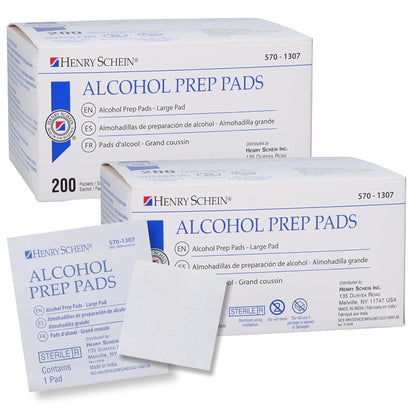 Henry Schein Large Alcohol Prep Pads (200/Box) - 70% Isopropyl Alcohol Wipes, Individually Wrapped - 2 ply, Textured - Skin Prep Alcohols Swabs - Sterile Pads