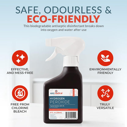 Epic Medical Supply Hydrogen Peroxide Spray 3% USP - First Aid Antiseptic for Cuts & Scrapes - Antiseptic Disinfectant Multi-Purpose Cleaner - 8oz / 236ml Trigger Spray Bottle (1)