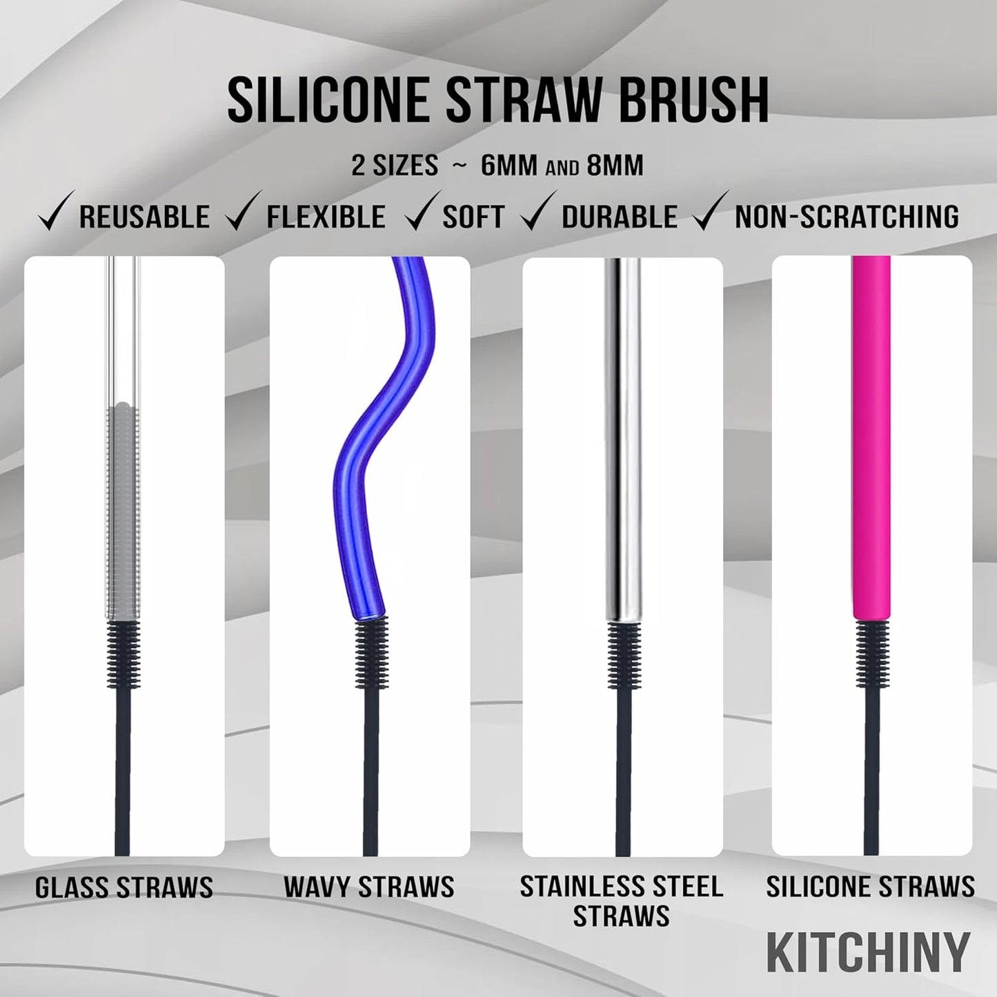 Kitchiny Silicone Bottle Brush with 2 Straw Cleaners - 12.5” Water Bottle Cleaner Brush for Yeti, Hydro Flask, Owala, Stanley, Baby Bottles, Glassware, Vases & Narrow Neck Containers - Grey