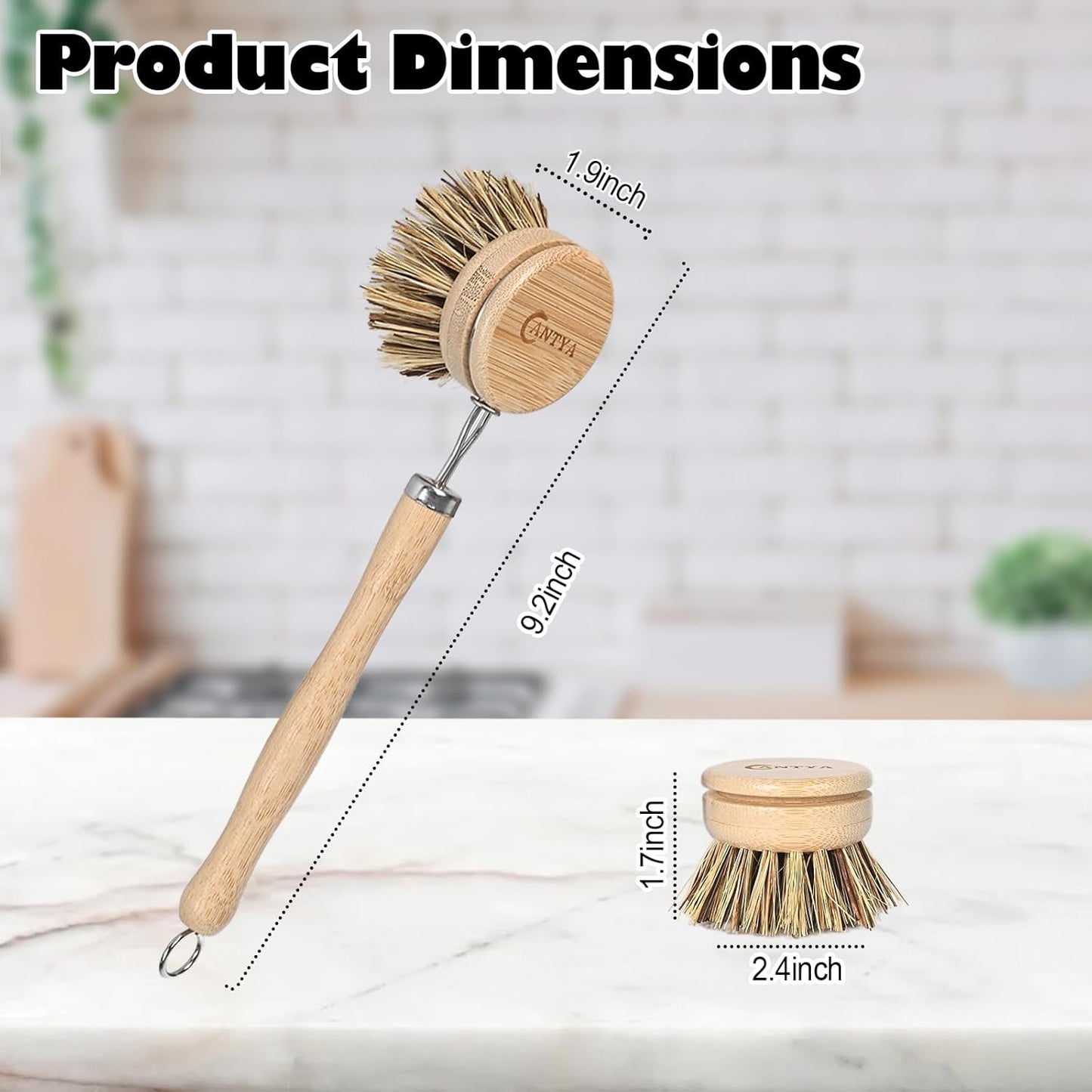 Bamboo Dish Brush with Handle - Soft Bristle, Non Toxic Dish Scrubber Compostable & Sustainable Bamboo Scrub Brush for Dishes, Pots and Pans