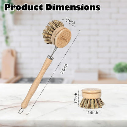 Bamboo Dish Brush with Handle - Soft Bristle, Non Toxic Dish Scrubber Compostable & Sustainable Bamboo Scrub Brush for Dishes, Pots and Pans