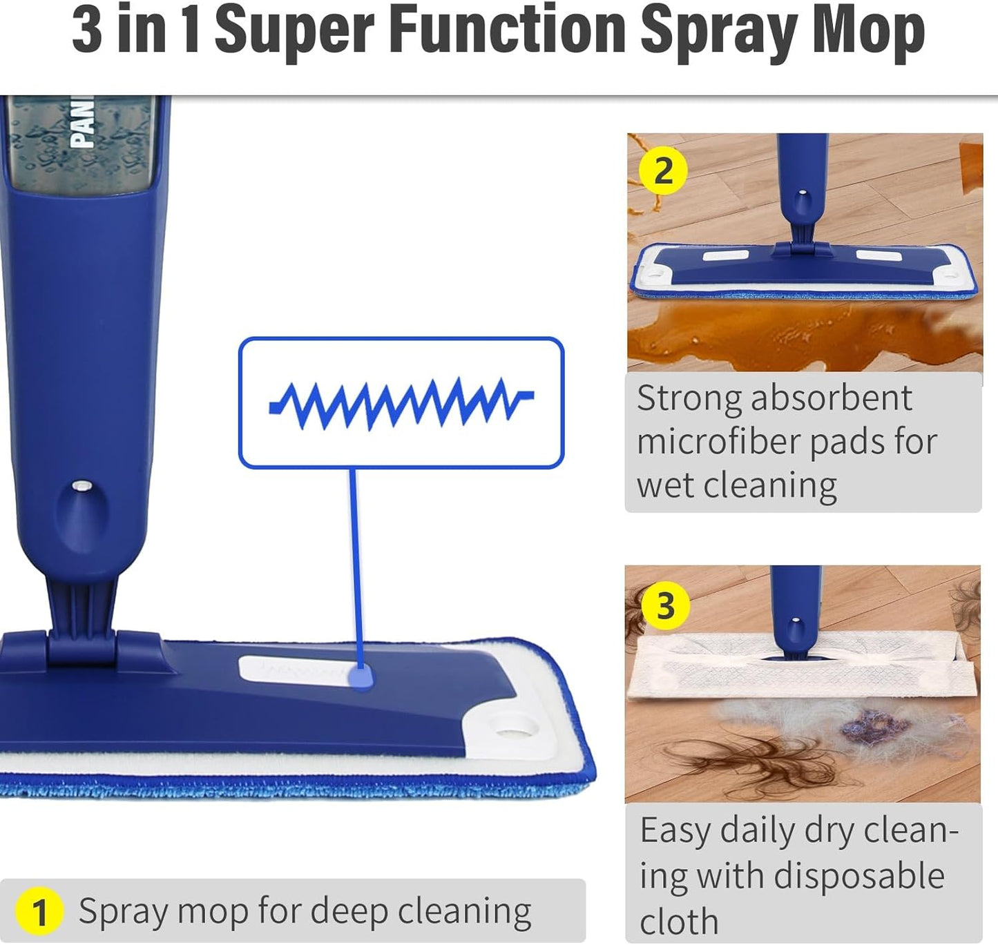 Mops for Floor Cleaning, Wet and Dry Spray Mop with Refillable Spray Bottle and 3 Washable Microfiber Pads Home or Commercial Use Flat Mop for Hardwood Laminate Wood Ceramic, Purple
