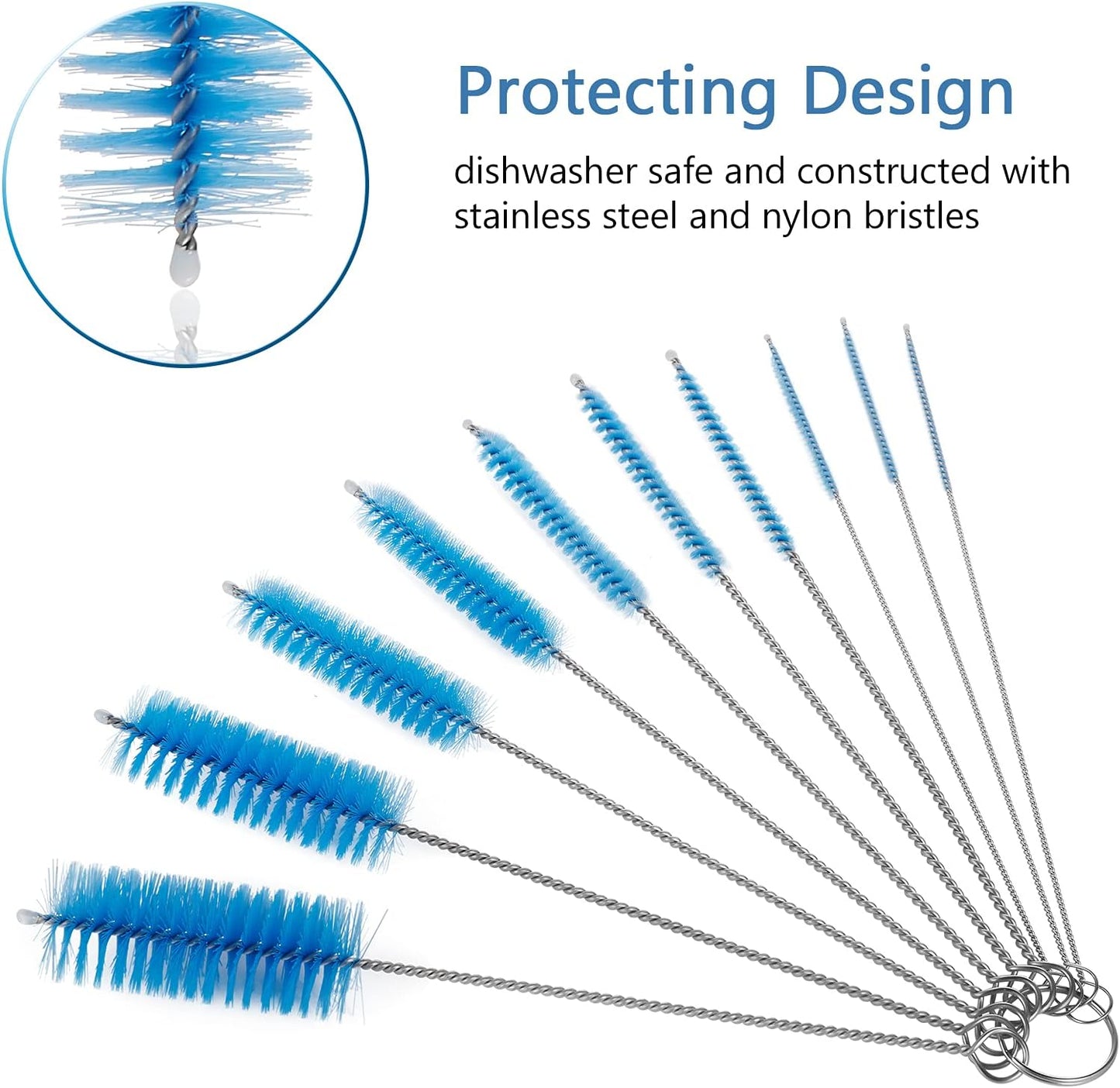 CiaraQ Bottle Cleaning Brushes, 8 Inch Nylon Tube Brush Set, Cleaner for Narrow Neck Bottles Cups with Hook, Set of 10pcs