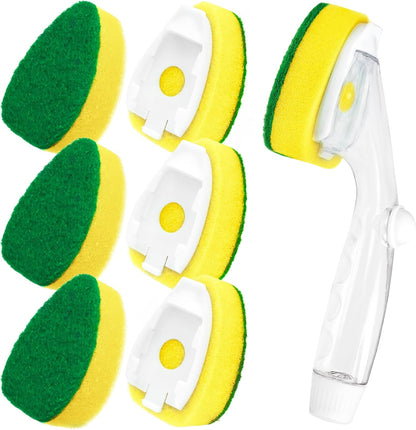 Non Scratch Dishwand Refill with Handle, 6 Heavy Duty Dish Wand Refills, Replacement Sponge Heads Set, Soap Control Dispenser Scrubbers, Dishwashing Scrub Dispensing Brush, Dishwasher Cleaning Tool