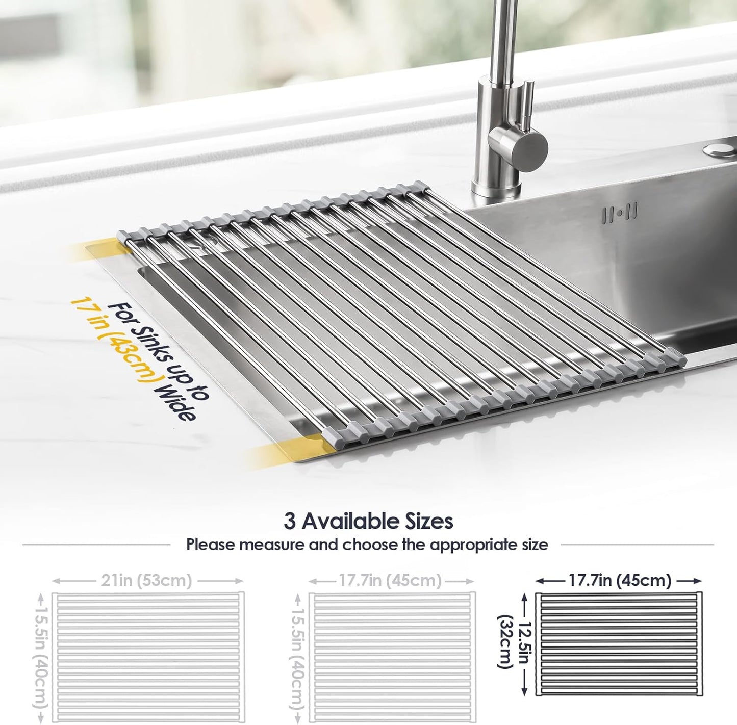 Tomorotec 17.7" x 15.5" Roll Up Dish Drying Rack Over Sink Drying Rack Sink Cover Kitchen Sink Accessories Gadget Multipurpose Organizer Foldable Stainless Steel Drainer (Grey)