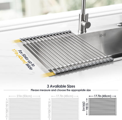 Tomorotec 17.7" x 15.5" Roll Up Dish Drying Rack Over Sink Drying Rack Sink Cover Kitchen Sink Accessories Gadget Multipurpose Organizer Foldable Stainless Steel Drainer (Grey)