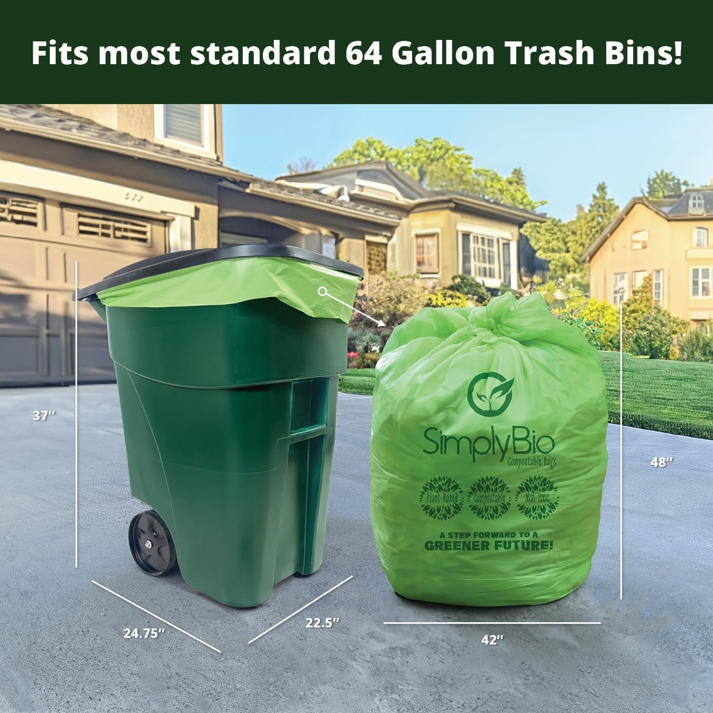 Simply Bio 60-65 Gallon Compostable Trash Bags Liners Flat-Top, Heavy Duty Extra Thick 2 Mil, 242.27 Liter, 12 Bags, Lawn, Yard, and Restaurant Use, ASTM D6400, US BPI, OK Compost Home Certified