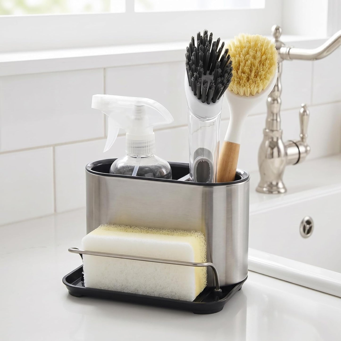 Stainless Steel Sink Caddy Sponge Holder Organizer Tidy Drains Water Dish Brush Holder for Kitchen Counter