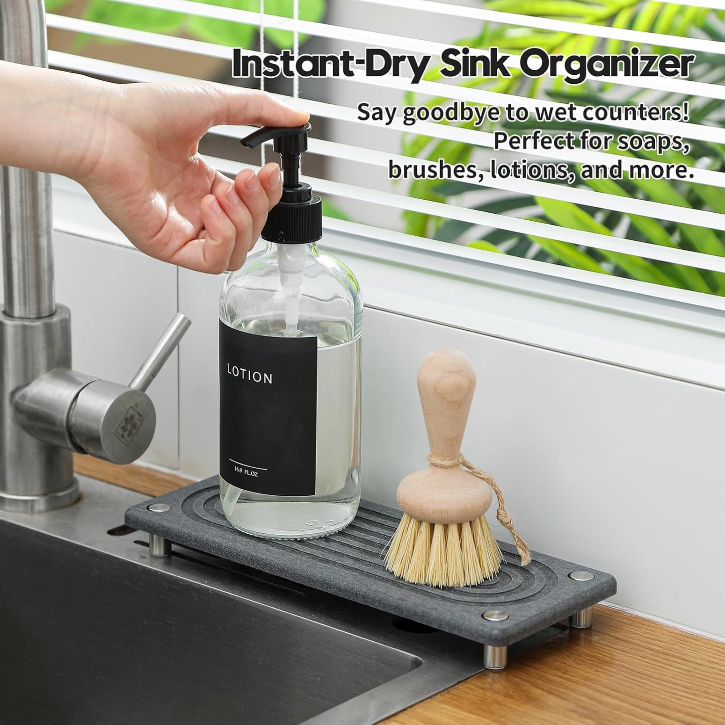 Razborci Water Absorbing Stone Sink Caddy, Diatomite Kitchen Sink Organizer, Bathroom Counter Tray, Faucet Drying Mat Coaster Soap Dish Rack Riser Dispenser Sponge Holder, Silver, White 10" x 4"