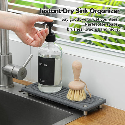 Razborci Water Absorbing Stone Sink Caddy, Diatomite Kitchen Sink Organizer, Bathroom Counter Tray, Faucet Drying Mat Coaster Soap Dish Rack Riser Dispenser Sponge Holder, Silver, White 10" x 4"