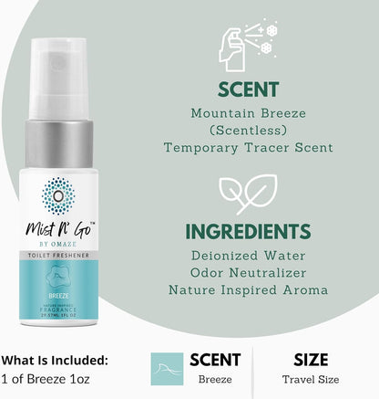 Mist N’ Go by Omaze Travel Bathroom Spray for Toilet Spray Odor Eliminator - Travel Toilet Spray for Bathroom Air Freshener Spray for Bathroom Deodorizer - Clean Mix, Travel Size (1oz x2)
