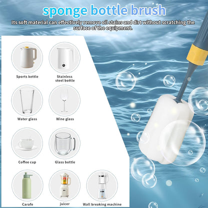 Sponge Bottle Brushes Adjustable Long Handle Up to 12.9” High Density Foam Bottle Brush Head Hanging Design with 4 Traceless Hooks– Bottle Brush Cleaner for Water Bottle & More (2 Pack)