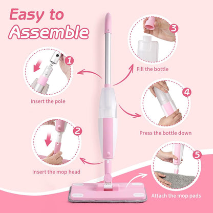 Hilsoeet Kids Spray Mop Pink, Real Working Water-Spraying Toy, Montessori Mini Mop with 2 Microfiber Washable Pads, Toddler Cleaning Set for Floor, Christmas Birthday Gifts for Age 3 4 5 6 7 8