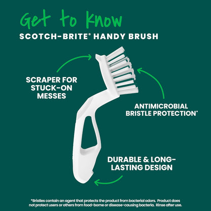Scotch-Brite Handy Brush, Small and Durable Dish Brush with Handle for Scrubbing Hard-to-Reach Cookware, Tubs, Sinks, Car Tires, and More without Scratching, Antimicrobial, and Rinses Clean