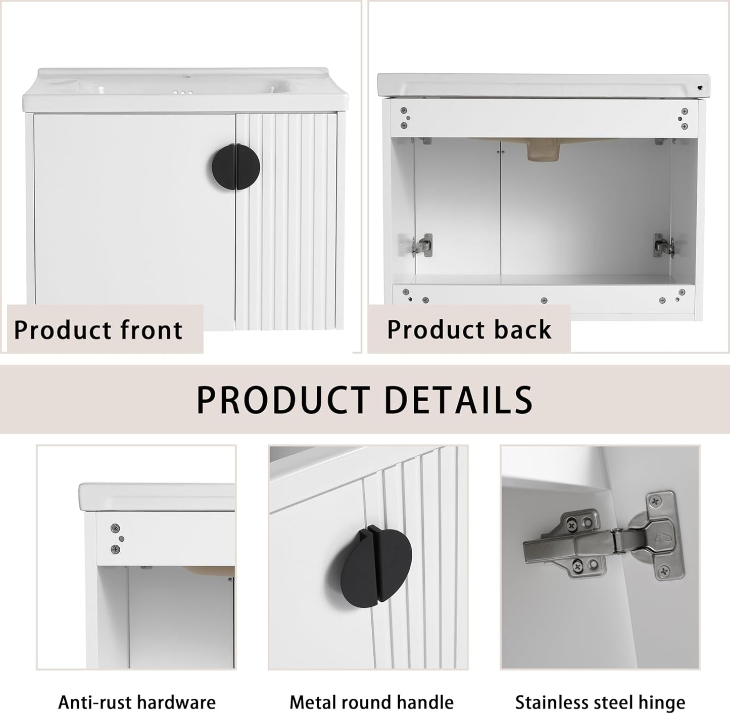 SSLine Modern 24-Inch Bathroom Vanity with Sink Wall Mounted Bathroom Vanity with Top Basin & Storage Cabinet White Wood Floating Vanity w/Ceramic Sink & Gold/Black Handles for Small Space