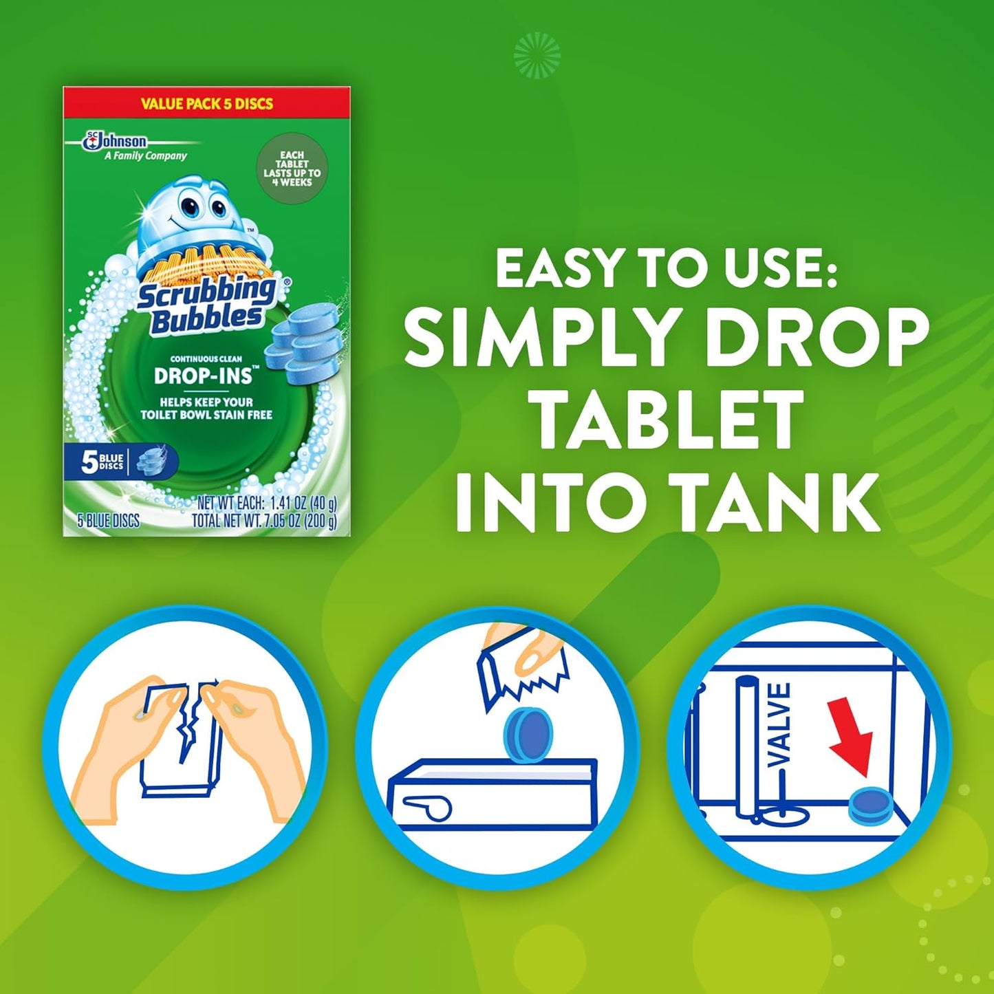 Scrubbing Bubbles Continuous Clean Toilet Drop-Ins, Automatic Blue Toilet Bowl Cleaner, Septic-Safe Tank Tablets Remove Hard Water Minerals & Limescale, Stain & Smell Protection, 5 Count (Pack of 1)