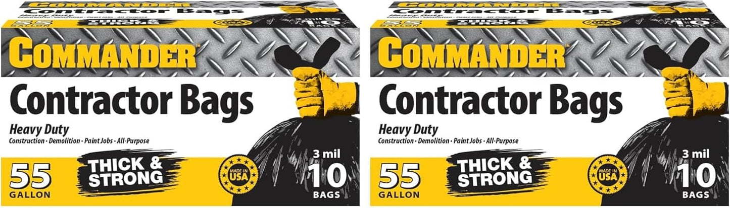 Commander 55 Gallon 3 MIL (eq) Heavy Duty Contractor Bags with Flap Ties - 36" x 56" with flaps - Pack of 10 - For Contractor, Industrial, & Outdoor