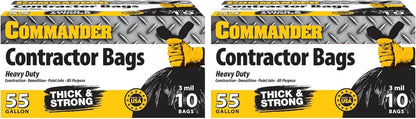 Commander 55 Gallon 3 MIL (eq) Heavy Duty Contractor Bags with Flap Ties - 36" x 56" with flaps - Pack of 10 - For Contractor, Industrial, & Outdoor
