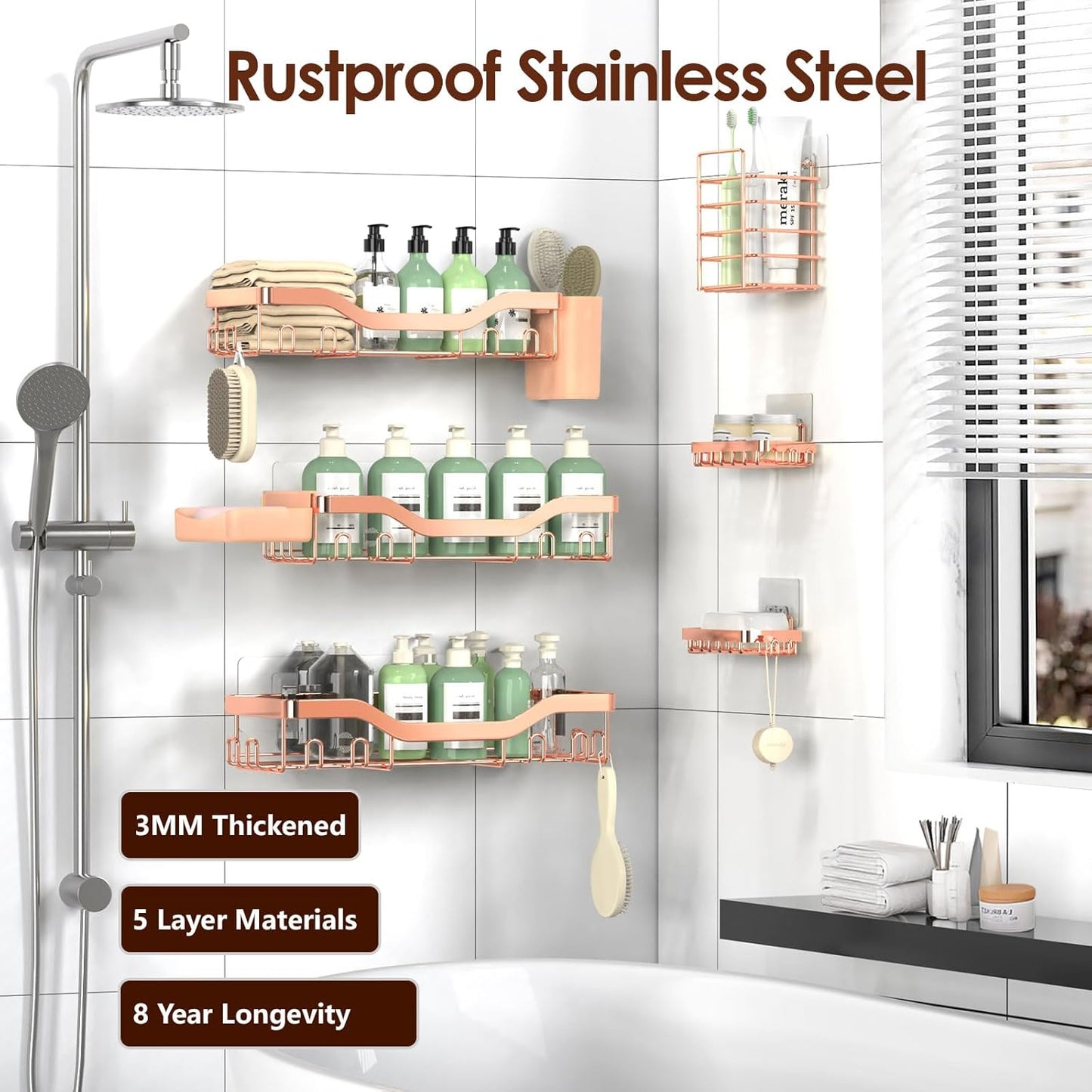 NESOMI Shower Caddy Adhesive Shower Organizer 7-Pack, Rustproof Stainless Steel Bathroom Shelves, Large Capacity No-Drill Rack Storage Accessories with Soap Dish Toothbrush Holder &24 Hooks Home Decor