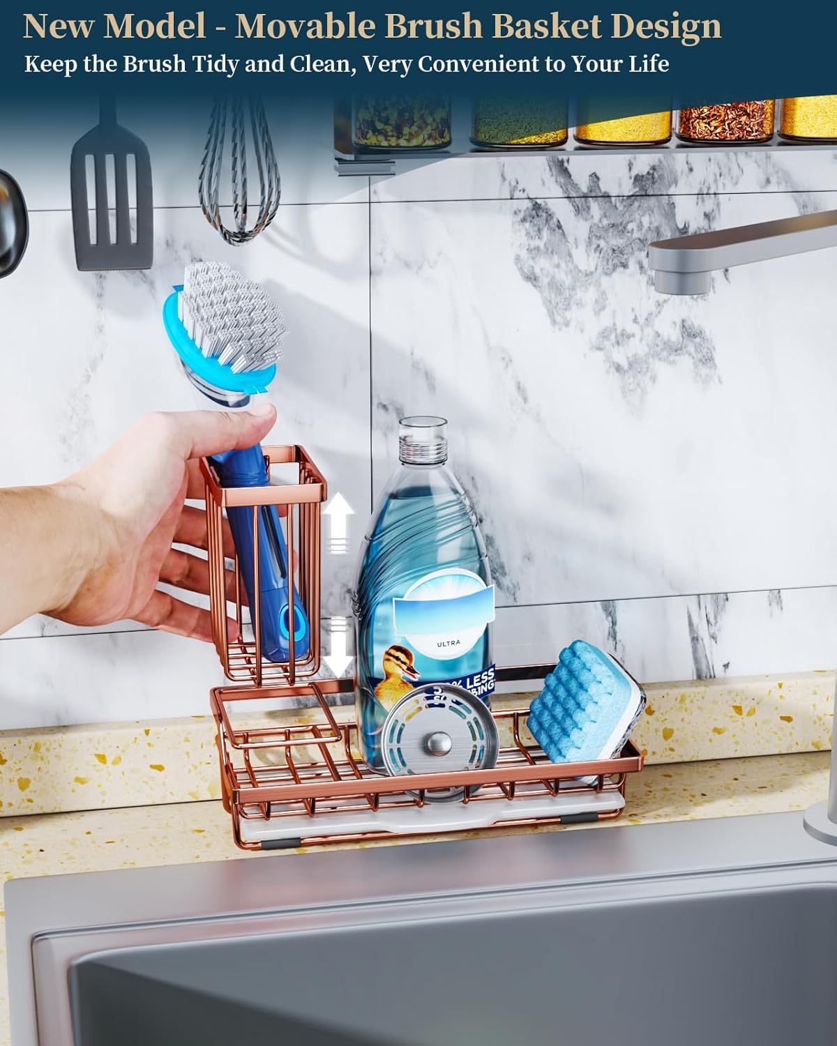 Consumest Sink Caddy, Kitchen Sponge Holder with Dish Brush Holder, Kitchen Organizer with Drip Tray for Countertop, Stainless Steel Rustproof - Silver