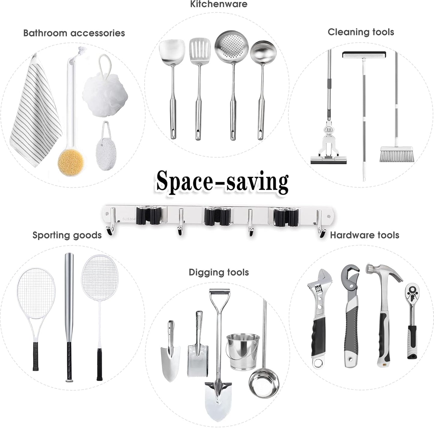 AceMining 5 Racks and 4 Hooks Mop and Broom Holder Wall Mount, Broom Organizer Storage Tool Racks Stainless Steel Heavy Duty Hooks Self Adhesive Solid Non-slip for Home Kitchen Garden Laundry Garage