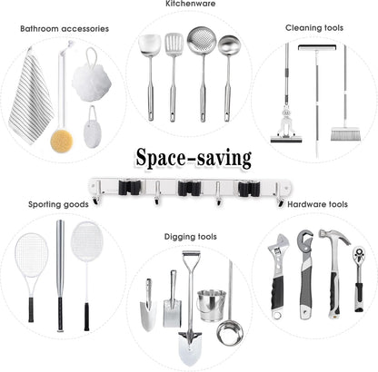 AceMining 5 Racks and 4 Hooks Mop and Broom Holder Wall Mount, Broom Organizer Storage Tool Racks Stainless Steel Heavy Duty Hooks Self Adhesive Solid Non-slip for Home Kitchen Garden Laundry Garage