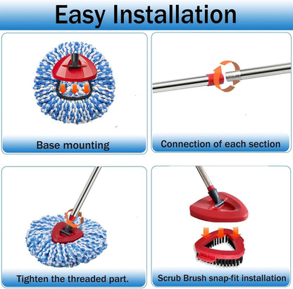 Spin Mop Replace Heads for O Cedar Rinse Clean 2 Tank System, Spin Mop Replacement Head 4 Microfiber Mop Refills, 1 Triangle Head Cover and 30-58in Handle 1 1Scrub Brush