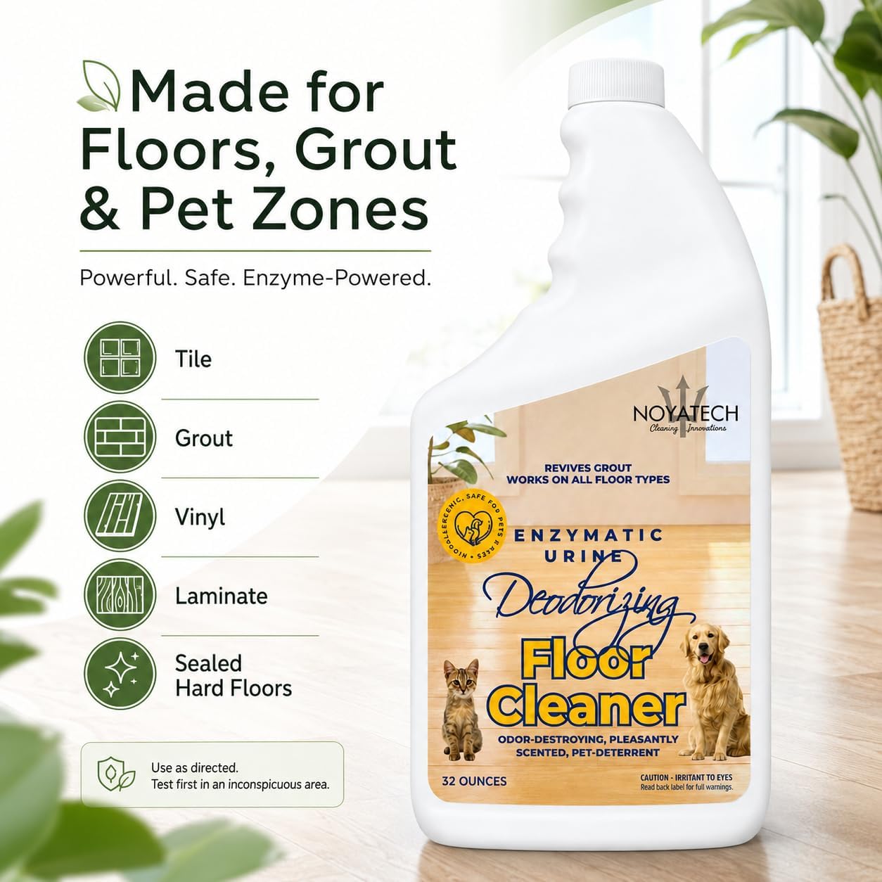 NOYATECH Pet Floor Cleaner for Mopping – Enzyme Urine & Odor Eliminator – Safe for Hardwood, Tile, Laminate & Grout – Dog & Cat Pee Concentrate, 32 oz