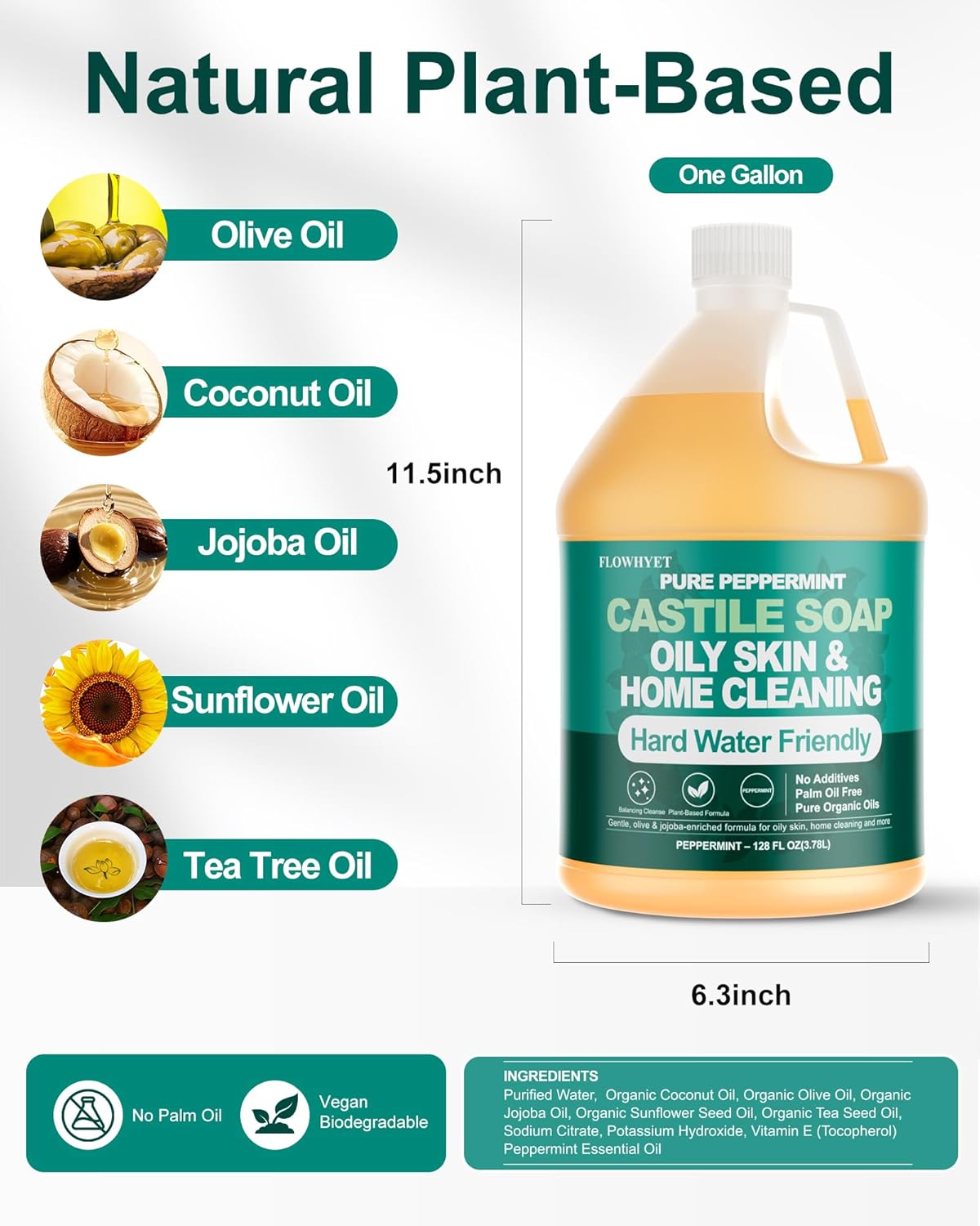 EWG Verified 1Gallon Pure Castile Soap Liquid, Organic Hand Soap Refill, Natural For Hand, Body Wash, Dishes, Home Cleaning Oily Skin, Fragrance Free Hard Water Friendly - Unscented 1Gallon
