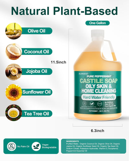 EWG Verified 1Gallon Pure Castile Soap Liquid, Organic Hand Soap Refill, Natural For Hand, Body Wash, Dishes, Home Cleaning Oily Skin, Fragrance Free Hard Water Friendly - Unscented 1Gallon
