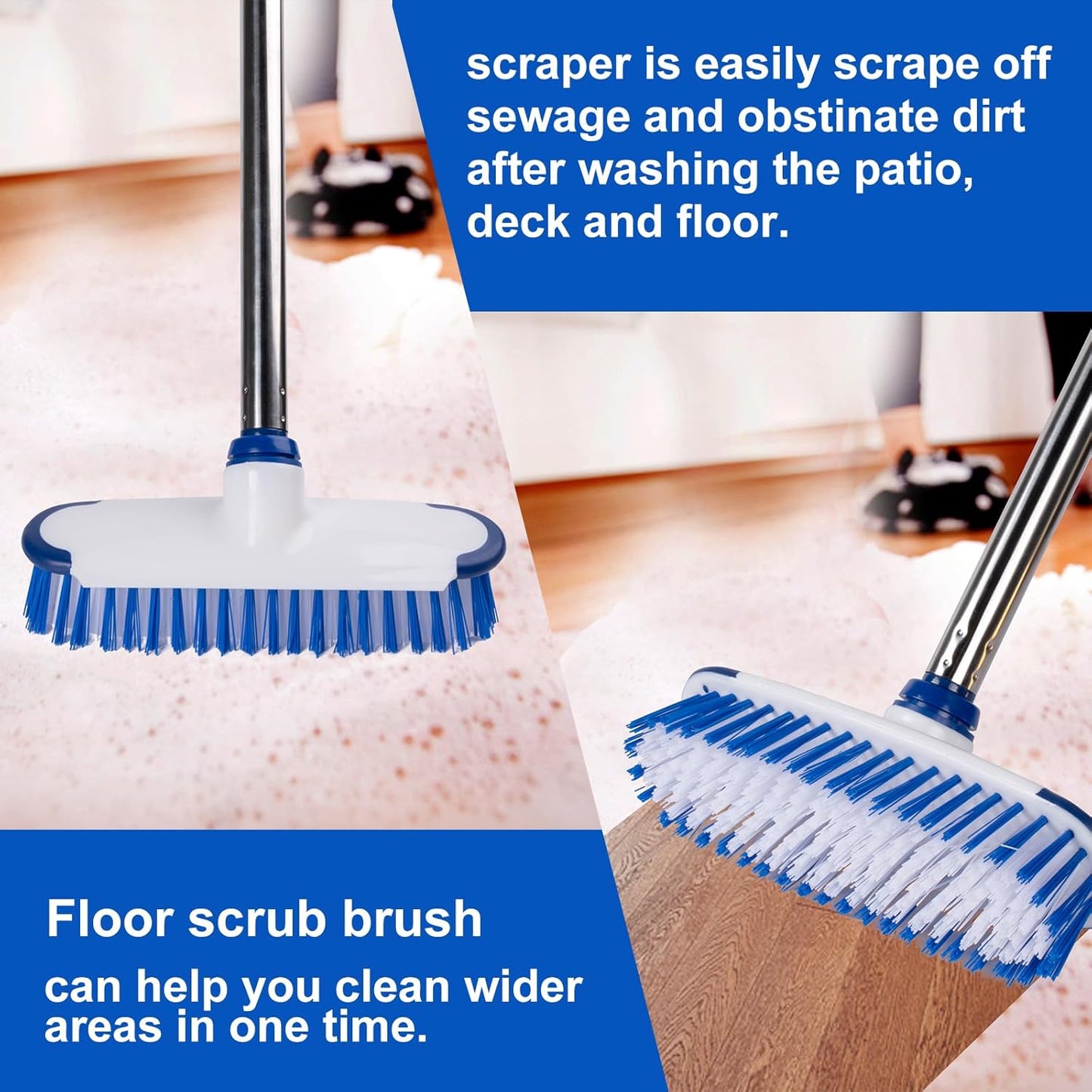 Floor Scrub Brush with Long Handle - 53" Deck & Grout Cleaner Brush Set for Tile, Marble, Stone, Bathroom, Patio, Garage, Deck & Floor Cleaning