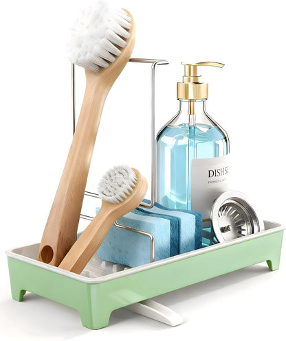 Minimalist Sink Caddy, Rustproof Sponge Holder for Kitchen Sink with 304 Stainless-Steel Brush Holder, Countertop Rack Organizer with Raised Ridges & Silicone Drain Tube (Mint Green, Large)