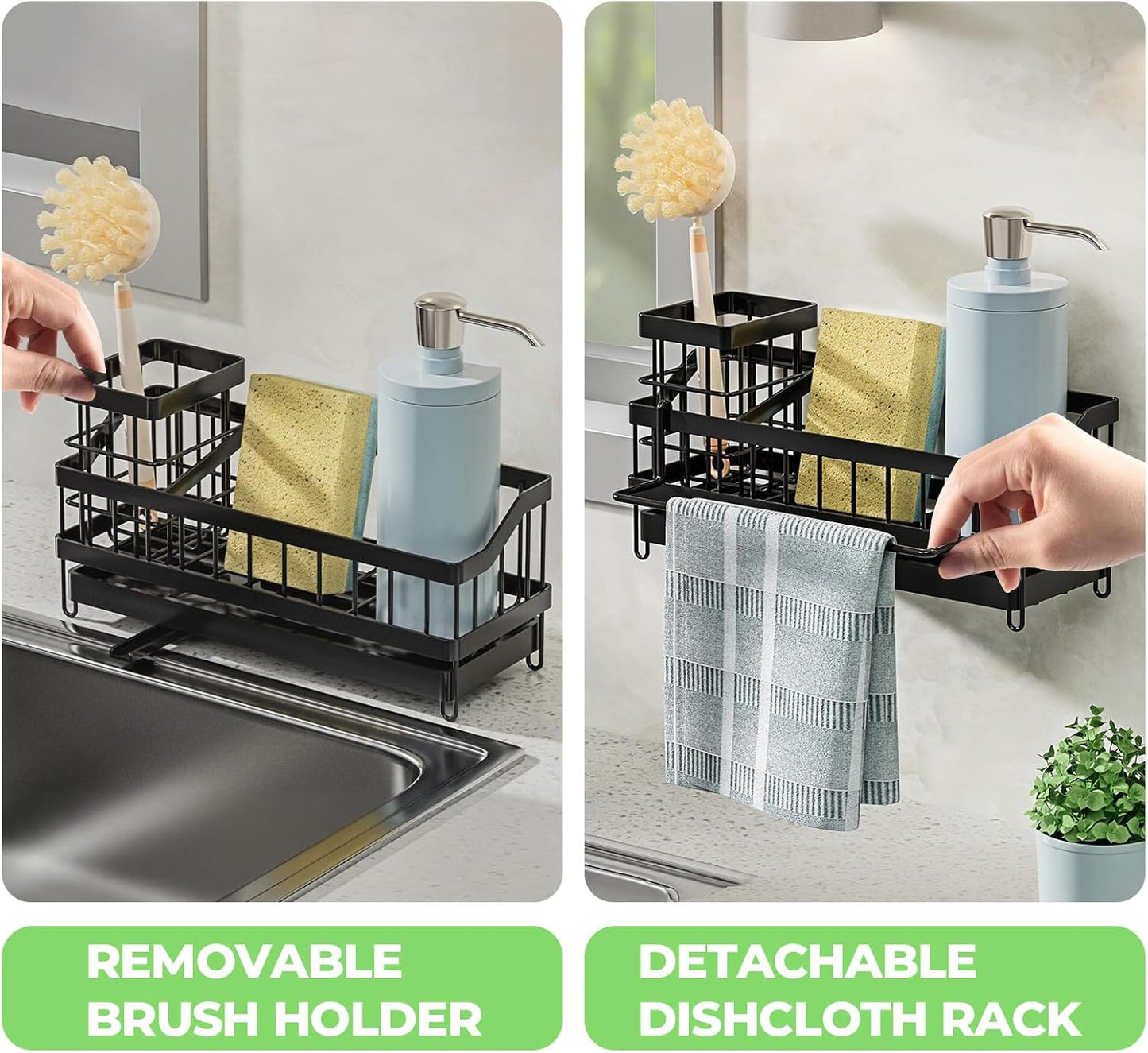 Sponge Holder for Kitchen Sink,Sink Caddy Organizer with Removable Brush Holder,Kitchen Countertop Soap Dispenser Storage with Detachable Towel Rack,Black