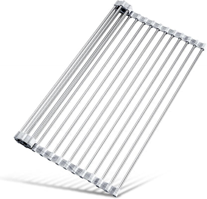 Tomorotec 17.7" x 15.5" Roll Up Dish Drying Rack Over Sink Drying Rack Sink Cover Kitchen Sink Accessories Gadget Multipurpose Organizer Foldable Stainless Steel Drainer (Grey)