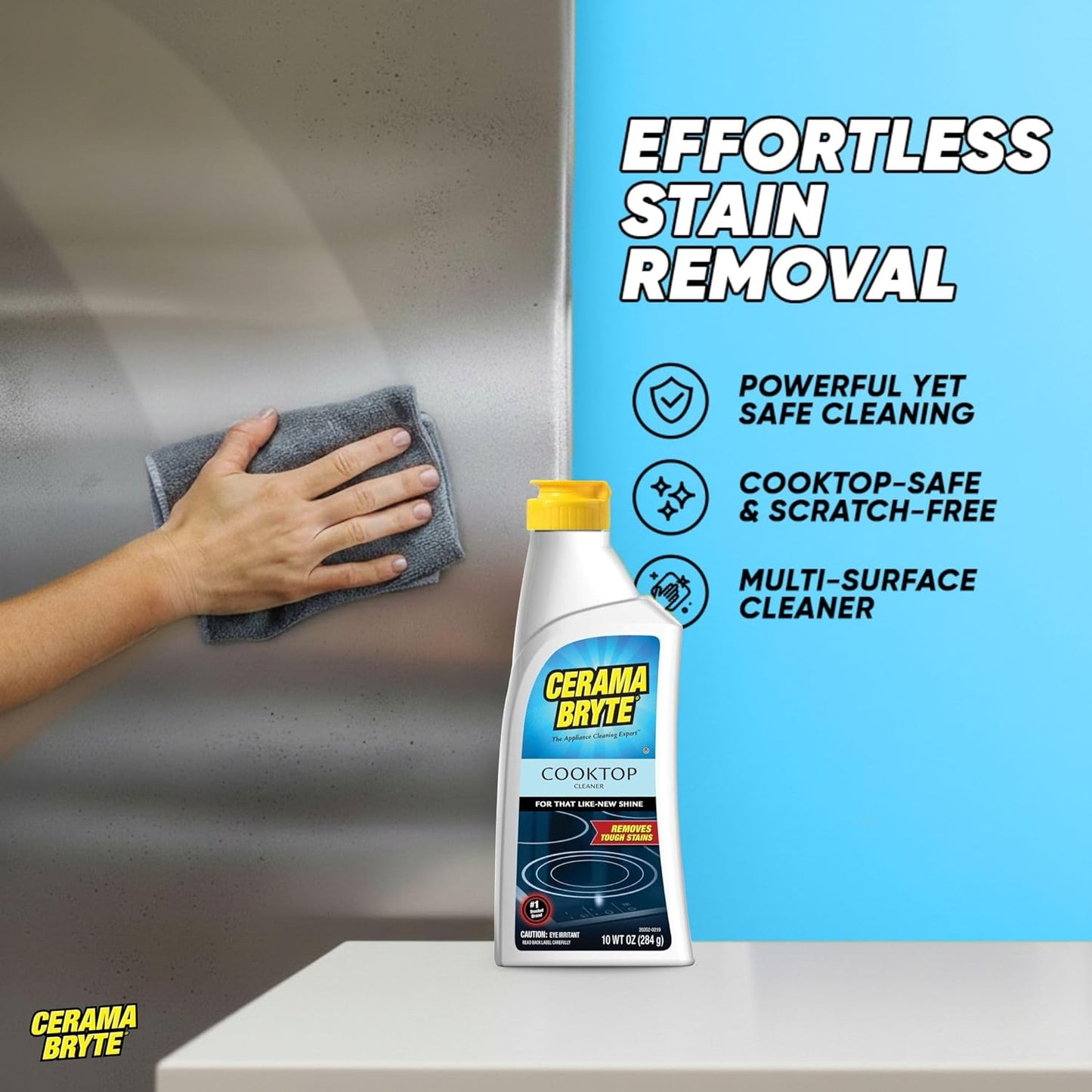 Cerama Bryte Glass Cooktop and Stove Top Cleaner Combo Kit - Includes Cleaning Tool, Razor, Scraper and 1 Pad to Remove Tough Stains - Use on Gas, Electric, Ceramic Surfaces, 10 Ounces, 4 Piece