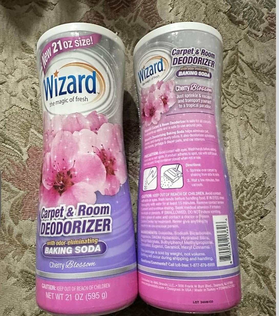 wizard, carpet & room deodorizer with odor eliminating banking soda, cherry blossom scent 21 oz (pack of 3)