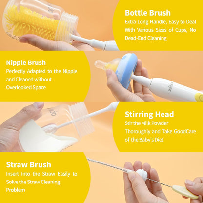 Electric Bottle Brush Cleaner, Portable Electric Baby Bottle Brush Cleaner for Travel, Rechargable Travel Bottle Cleaner Kit with Nipple & Straw Brush, Perfect Mom Essentials After Birth Gift, Green