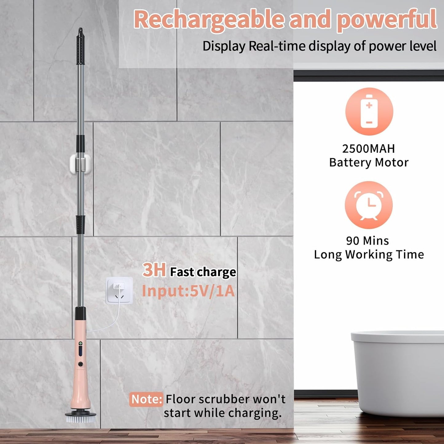 Electric Spin Scrubber, Hillyfe Bathroom Scrubber Electric with 7 Replaceable Brush Heads, IPX7 Waterproof,300/400 RPM, 3 Adjustable Length,Scrubber Brush Electric for Bathtub Floor,White