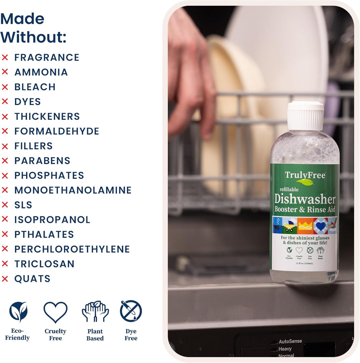 Truly Free Natural Dishwasher Booster & Rinse Aid - Non-Toxic Dishwashing Aid Formula, Removes Residue & Tough Dish Stains, Water Spot Remover - Pack of 3