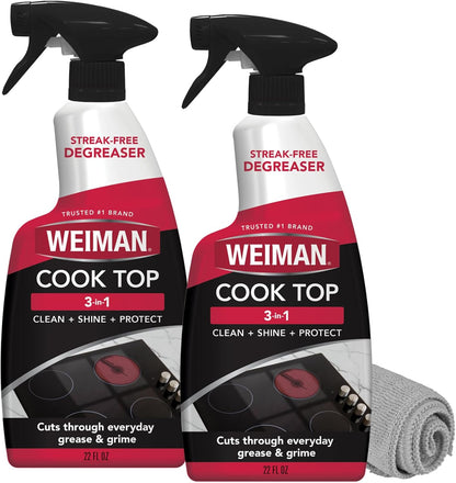 Weiman 2-Pack Cooktop Cleaning Spray & Microfiber Cloth – Cooktop & Oven Cleaner for Streak & Residue Free - Non-Abrasive Degreaser Safe for Glass & Ceramic