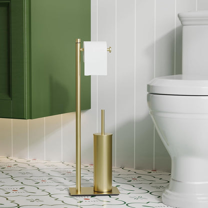 RUACQ Toilet Paper Holder Stand with Toilet Brush and Holder Set, 304 Stainless Steel Bathroom Toilet Tissue Paper Roll Holder Free Standing, Weighted Base, Heavy Duty (Matte Black)