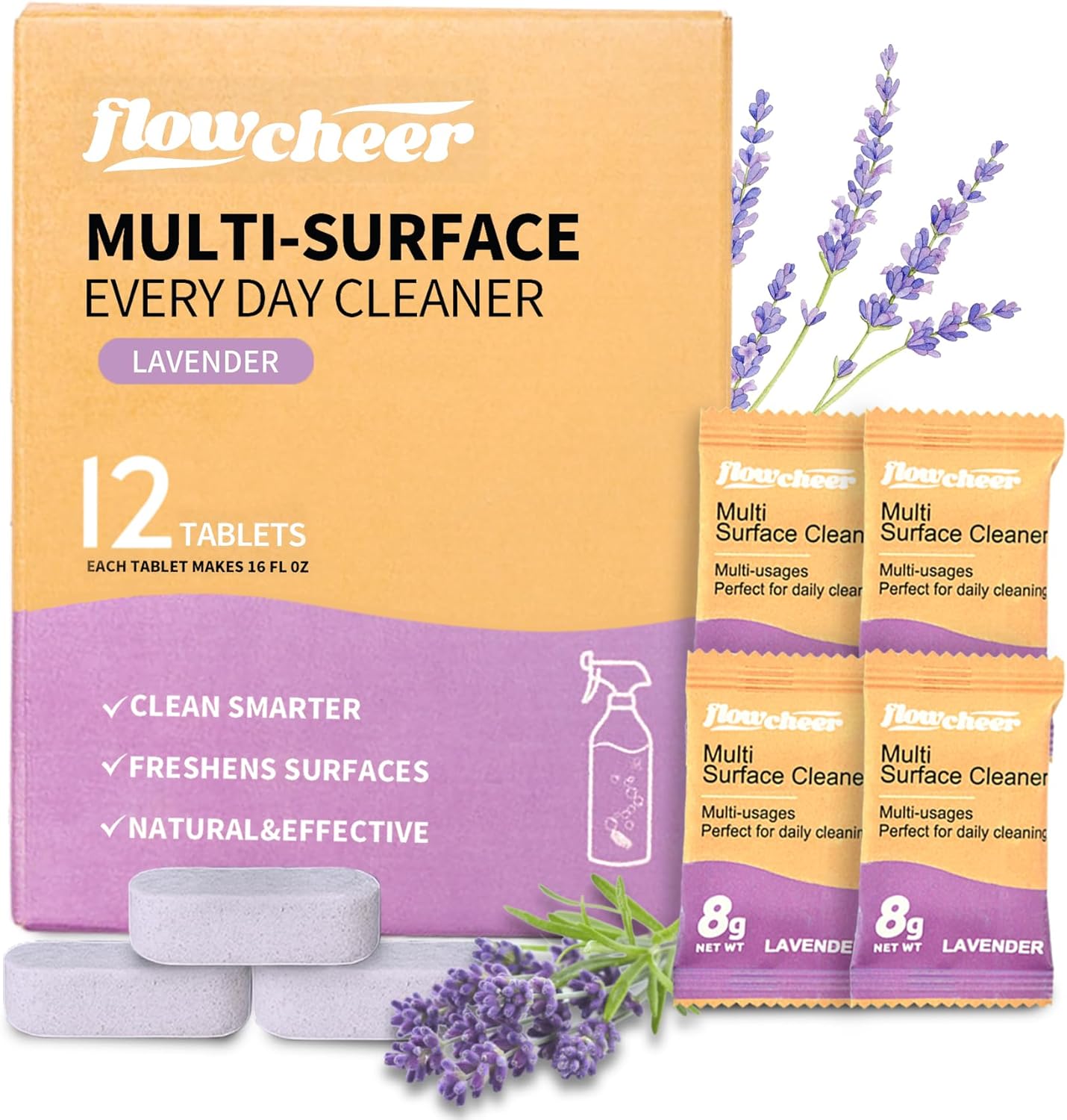 flowcheer Multi Surface Cleaner Refills -All Purpose Cleaning Tablets-Makes 192 fl oz(12 x 16 Fl oz) Bottles of Spray Cleaner for Household&Kitchen Cleaning-Lavender Scent(Not Included Bottles)