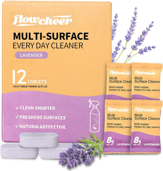 flowcheer Multi Surface Cleaner Refills -All Purpose Cleaning Tablets-Makes 192 fl oz(12 x 16 Fl oz) Bottles of Spray Cleaner for Household&Kitchen Cleaning-Lavender Scent(Not Included Bottles)