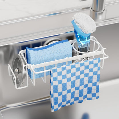 TAILI 4-in-1 Sink Caddy with Strong Suction Cup, Sponge Holder for Kitchen Sink Organizer, Removable, Rustproof, Stainless Steel Holder for Sponge, Brush, Scrubber, Scraper - Silver